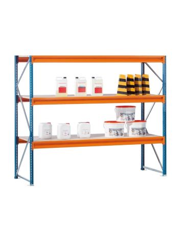 Schulte Weitspannregal mit Spanplatten W 100 | Grundregal | HxBxT 200x178,5x60cm | 3 Ebenen | Fachlast 670 kg | Blau/Orange/Verzinkt