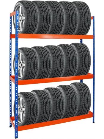 PROREGAL Reifenregal Tiger XL | HxBxT 200x150x45 cm | 300kg Fachlast | bis zu 18 Reifen (205/55 R16) | Blau/Orange | Werkstattregal, Lagerregal, Kellerregal