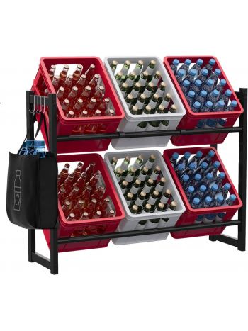  Getränkekistenregal 6 Kisten, Getränkeregal mit 4 Haken & Sixpack-Halter, stabil Getränkekistenhalter aus Metall, Kistenregal Bierkistenregal Kistenständer, 28 x 104 x 90.6 cm, Schwarz