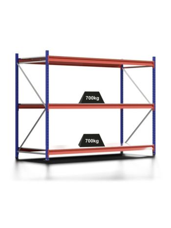 Weitspannregal MOOSE Stecksystem Omega-Profil | Grundregal | HxBxT 200x270x100cm | 3 Ebenen | Spanplatten-Fachboden | Fachlast 700kg | Enzianblau/Reinorange