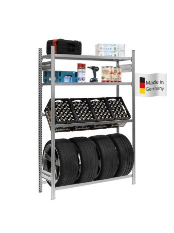 Getränkekisten- & Reifenregal Chiemsee TIRE Made in Germany | HxBxT 200x136x43,5cm | 3 Kisten auf 1 Ebene + 4 Reifen & 2 Boards | Verzinkt