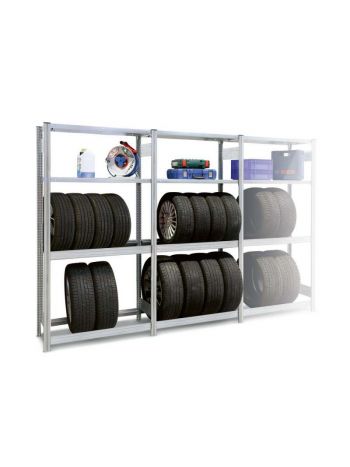 Reifenregal GRIP mit Ablage Stecksystem | HxBxT 200x1206x40cm | Fachlast 250kg | 2 Reifenebenen & 2 Fachböden | Verzinkt