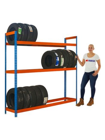 Reifenregal Big METAL SHARK NO.6 | HxBxT 200x120x45cm | 300kg Fachlast | bis zu 15 Reifen auf 3 Ebenen | Blau/ Orange